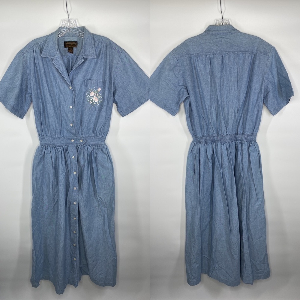 Vintage Eddie Bauer Cottagecore Denim Floral Button Front Short Sleeve Dress